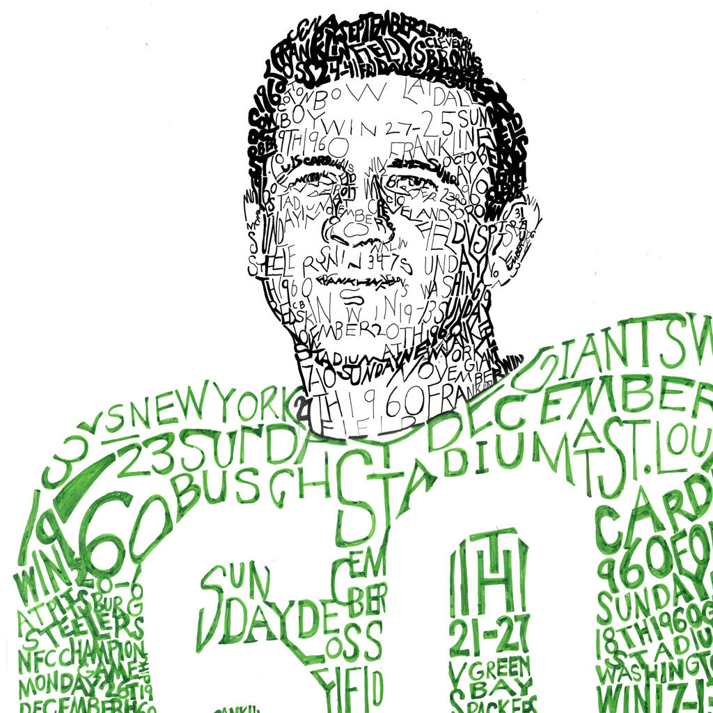 Portrait of Philadelphia Eagle Chuck Bednarik formed from record of Eagles’ 1960 season handwritten in green and black ink.