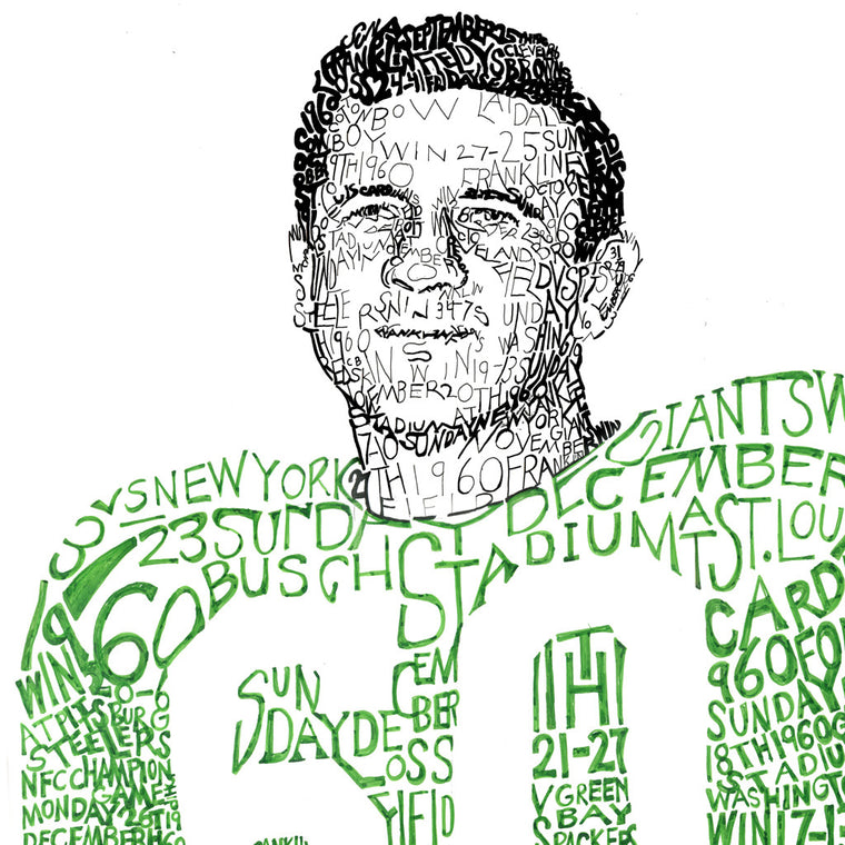 Portrait of Philadelphia Eagle Chuck Bednarik formed from record of Eagles’ 1960 season handwritten in green and black ink.
