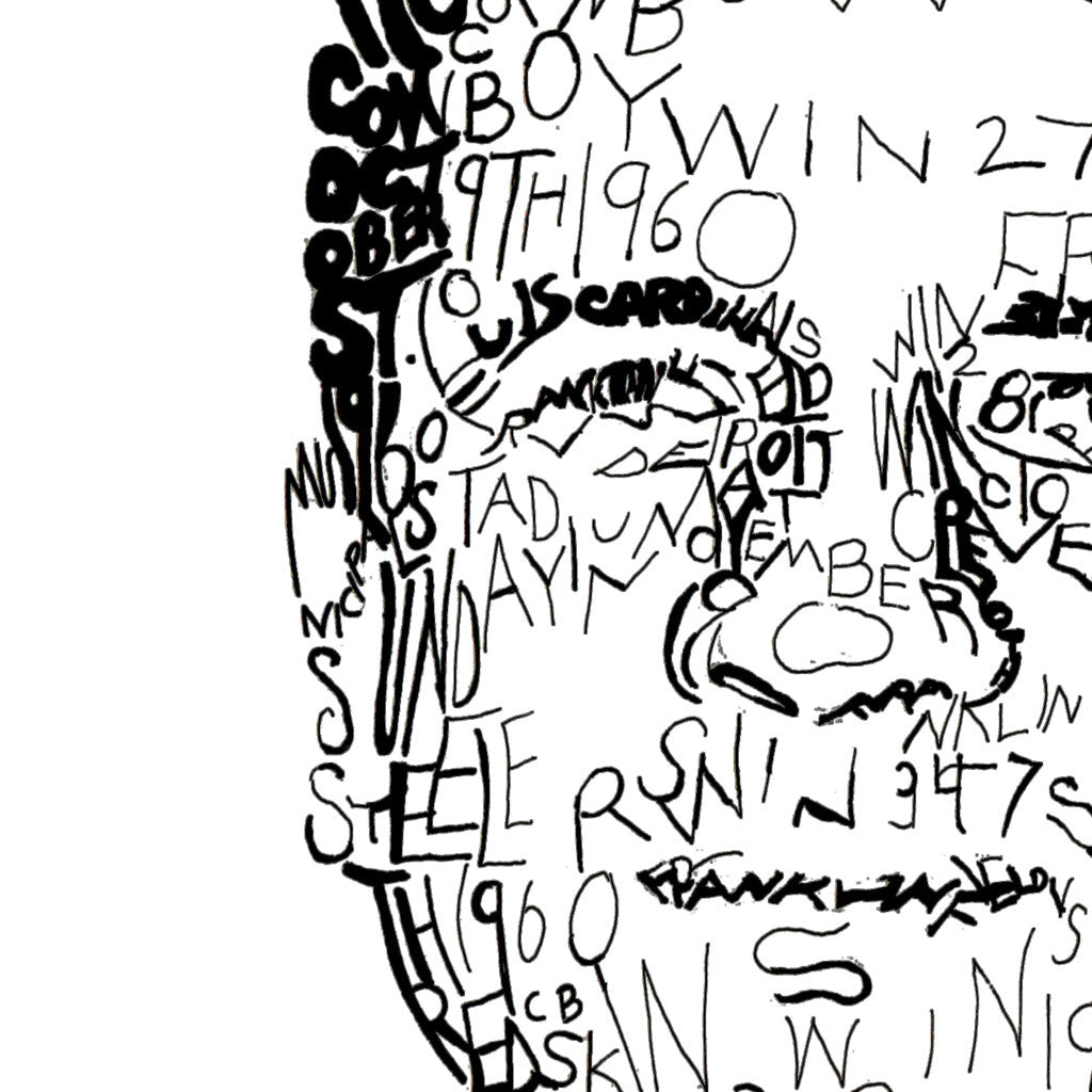  Detail of handwritten word art of 1960 Philadelphia Eagle Chuck Bednarik shows stats from Eagles’ 1960 season in his face.